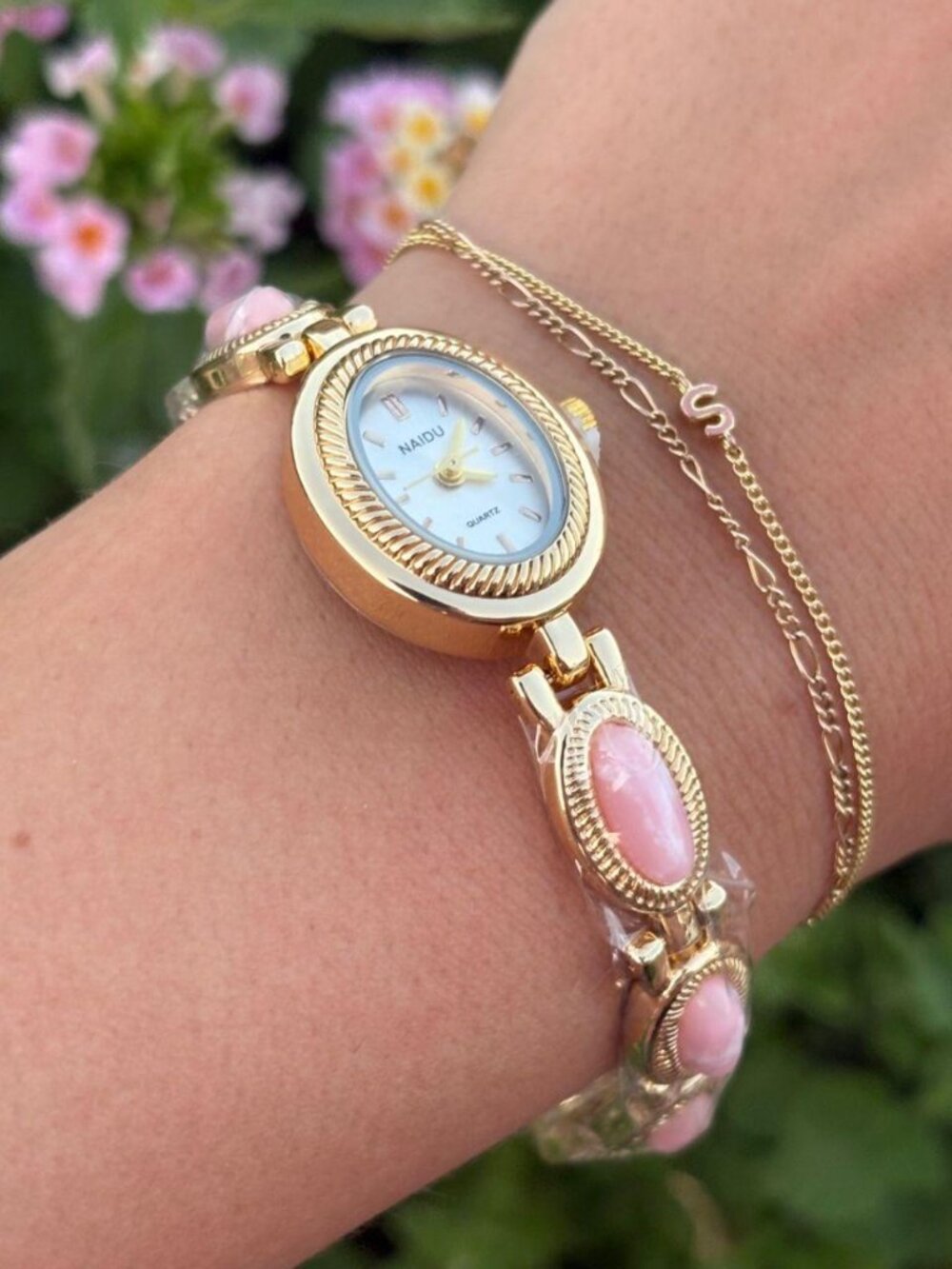 Preppy Gold Pink Stone Bracelet Watch